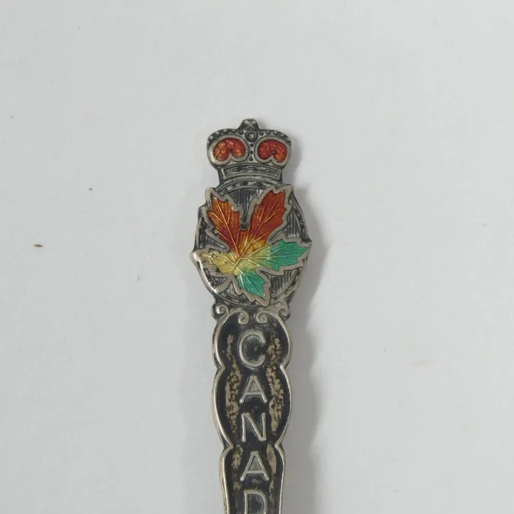Victoria BC Canada Sterling Silver Souvenir Spoon w/ Enamel Maple Leaf Vintage